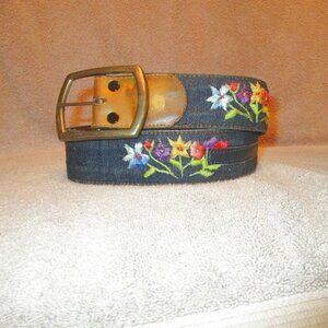 Y2K Swank Denim Embroidered Belt Size 30 Buckle Boho Floral Hippie Western 90s